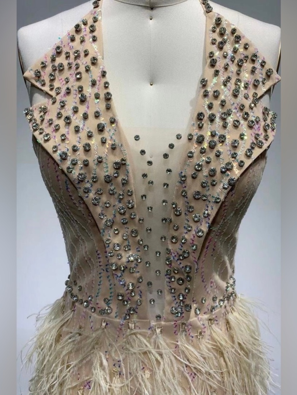 Elegant Feathered Halter Mini Dress in Champagne - Picture 10 of 14